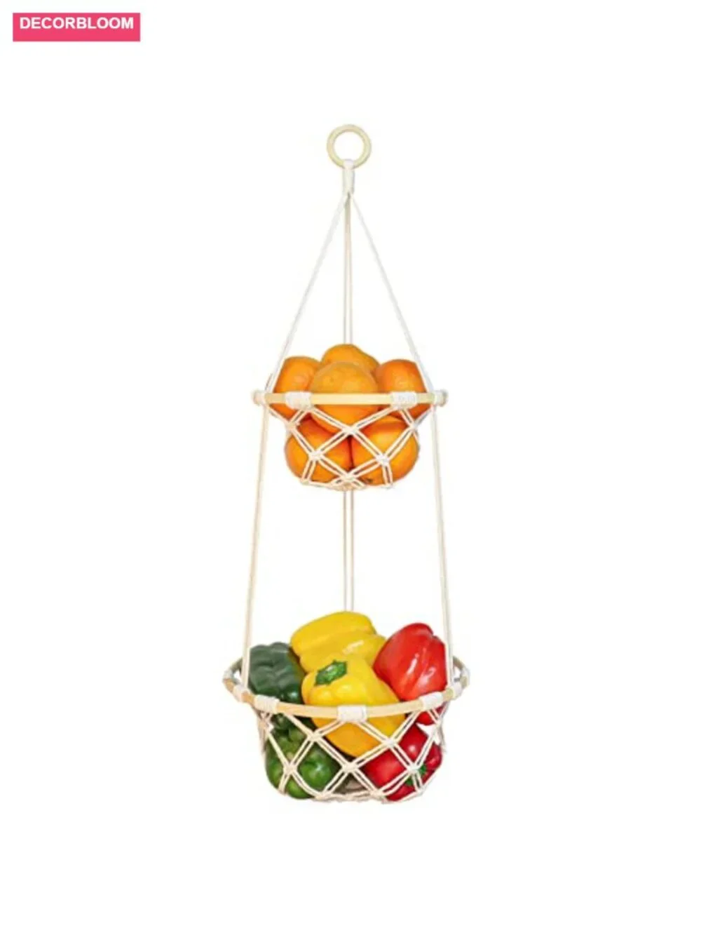 2 Tier Macrame Hanging Fruit Basket Boho Kitchen Storage with Hook
